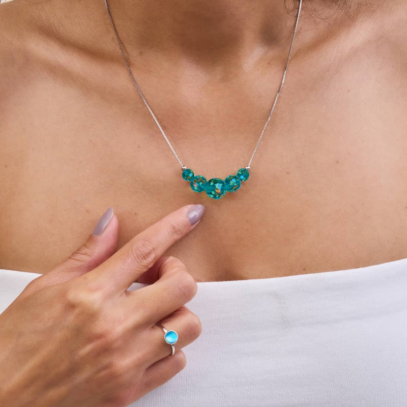 Blaugrün | 925er Sterlingsilber | Glühwürmchen-Glas-Halskette mit Unendlichkeitsverschluss