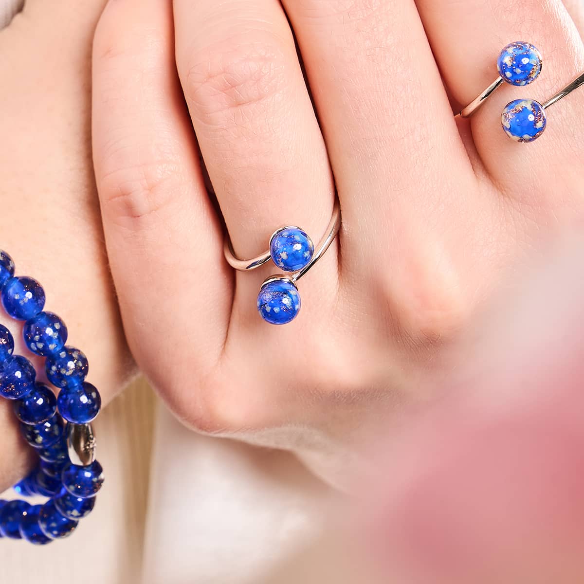 Kobalt | 925er Sterlingsilber | Glühwürmchenglas | Unendlichkeits-Helix-Ring