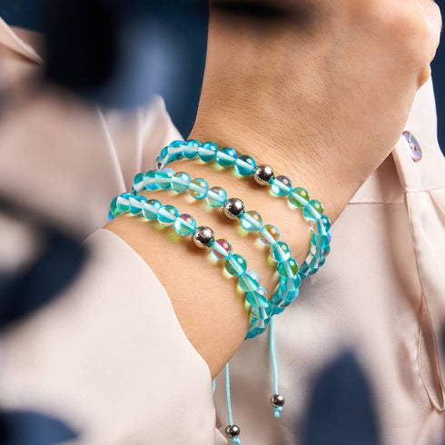 Blauer Nebel | Silber | Galaxie Glas Makramee Perlen Armband
