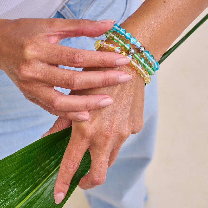 Grüner Mond | Silber | Galaxie Glas Makramee Perlen Armband