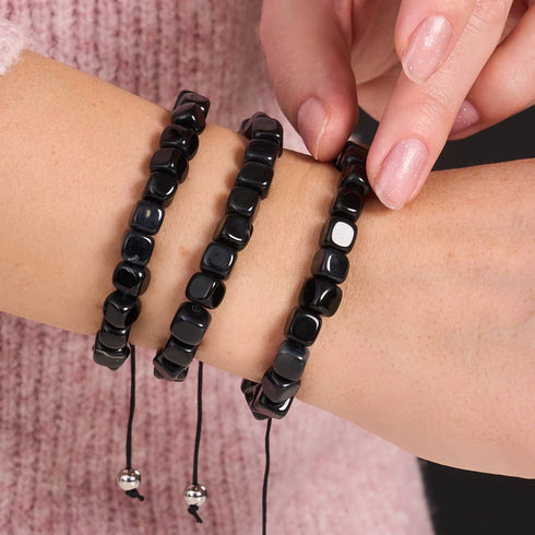 Schwarzer Achat | Silber | Edelstein-Kieselstein-Makramee-Armband