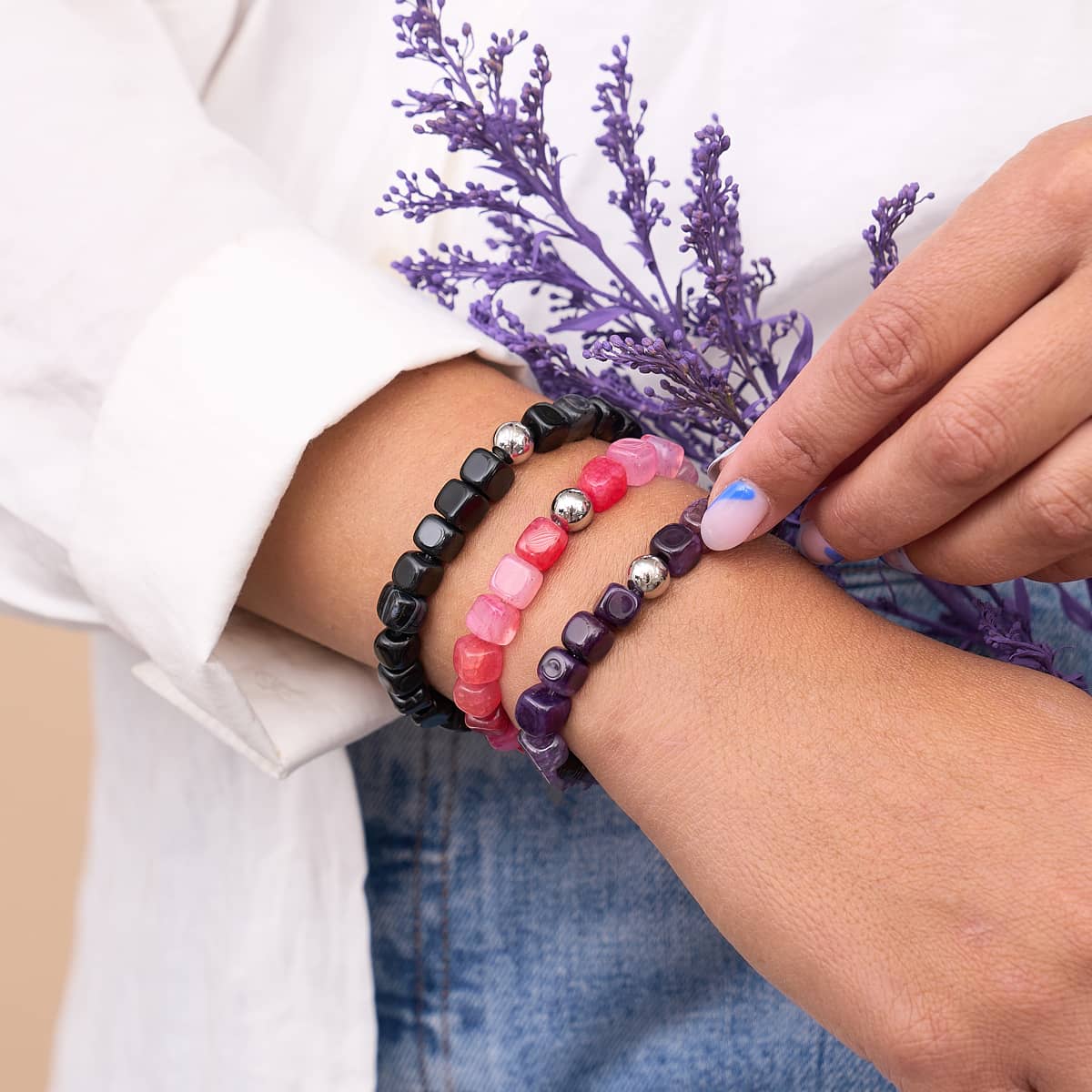 Lila Achat | Silber | Edelstein-Kieselstein-Armband