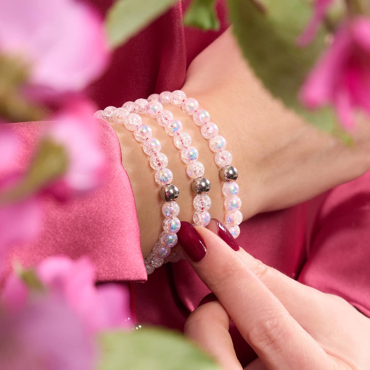 Marshmallow-Chrom-Glitzerglas x rotes Schnurarmband