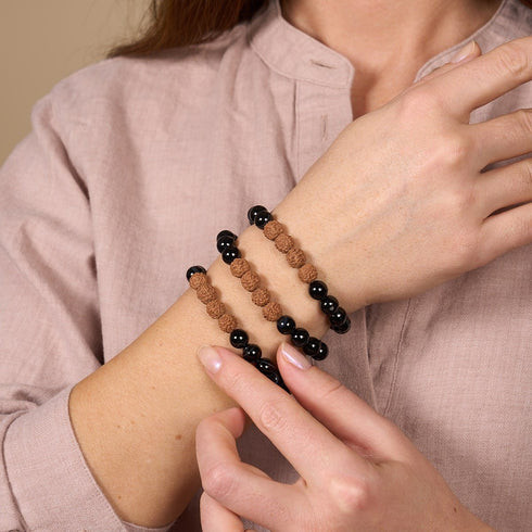 Feng Shui | Schwarzer Linienachat x Rudraksha | Mala-Armband