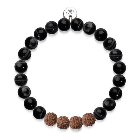 Feng Shui | Schwarzer Linienachat x Rudraksha | Mala-Armband