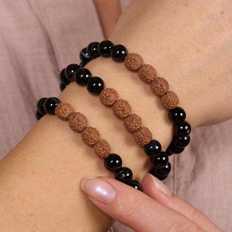 Feng Shui | Schwarzer Linienachat x Rudraksha | Mala-Armband