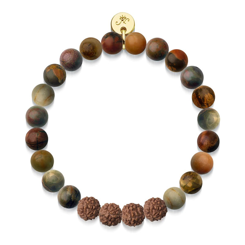 Vier edle Wahrheiten | Picasso-Jaspis x Rudraksha | Mala-Armband