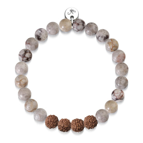Höheres Selbst | Weiße Linie Brauner Achat x Rudraksha | Mala-Armband