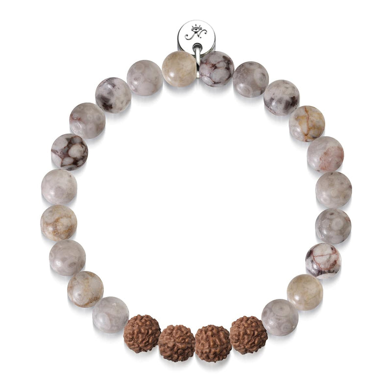 Höheres Selbst | Weiße Linie Brauner Achat x Rudraksha | Mala-Armband