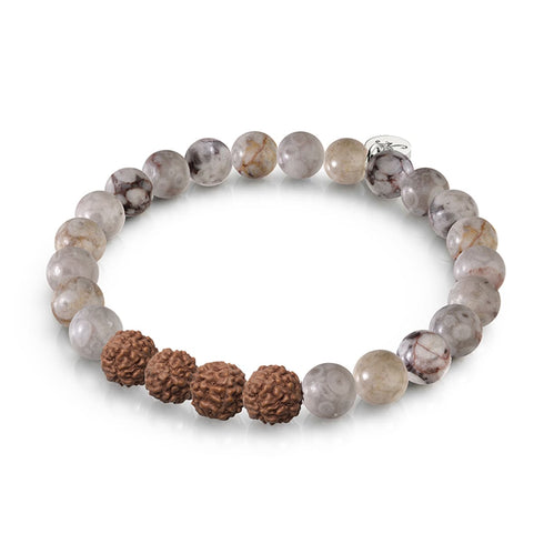 Höheres Selbst | Weiße Linie Brauner Achat x Rudraksha | Mala-Armband