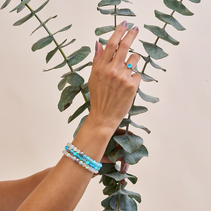 Aquamarin & Weiß | 925 Sterling Silber | Meerjungfrau Glasperlenarmband