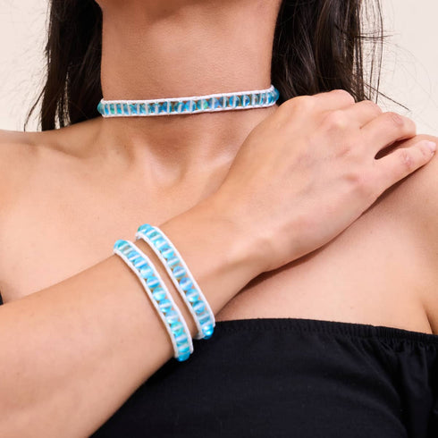Aquamarin | Meerjungfrauenglas | Weißes Wickelarmband aus Leinen
