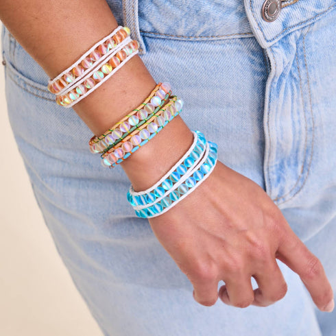 Aquamarin | Meerjungfrauenglas | Weißes Wickelarmband aus Leinen