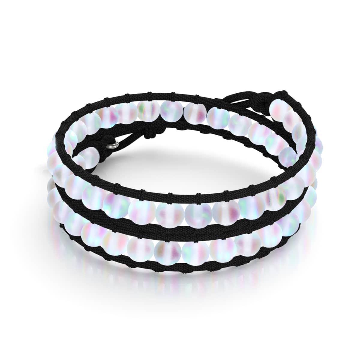 Regenbogenweiß | Meerjungfrauenglas | Schwarzes Leinen-Wickelarmband
