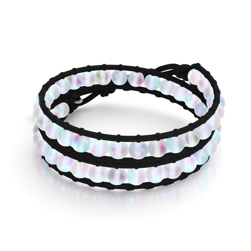 Regenbogenweiß | Meerjungfrauenglas | Schwarzes Leinen-Wickelarmband