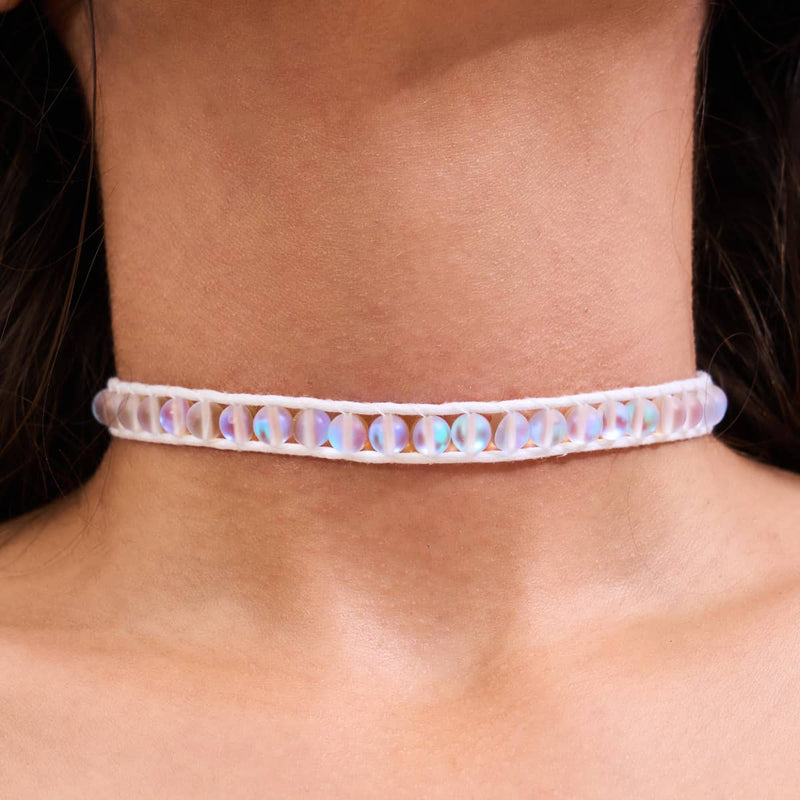 Regenbogenweiß | Meerjungfrauenglas | Weißes Leinen-Wickelarmband