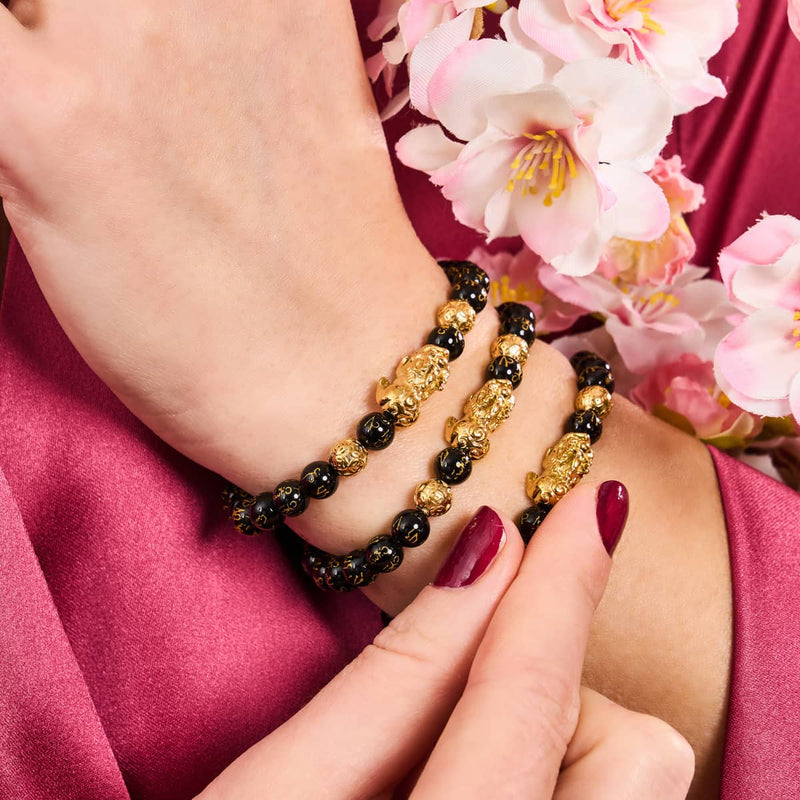 Mini Pixiu Feng Shui Armband | Kohlenstoffelement | Schwarzer Achat x 18 Karat Gold