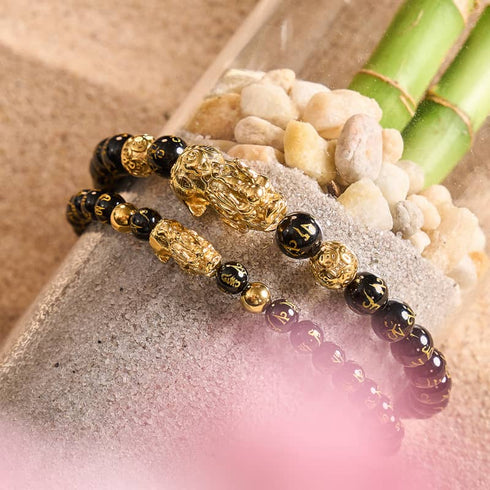 Mini Pixiu Feng Shui Armband | Kohlenstoffelement | Schwarzer Achat x 18 Karat Gold