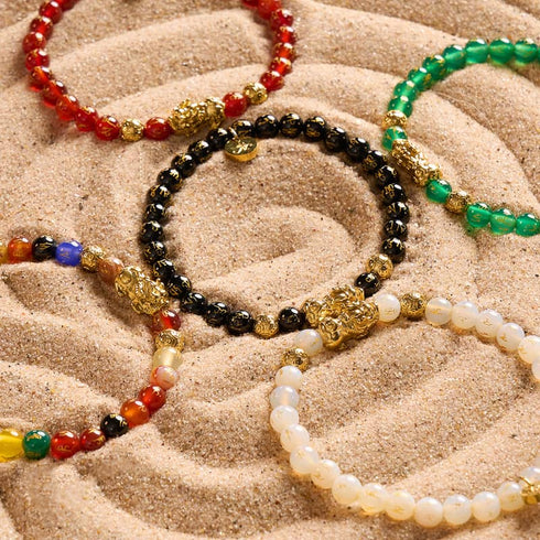 Mini Pixiu Feng Shui Armband | Kohlenstoffelement | Schwarzer Achat x 18 Karat Gold