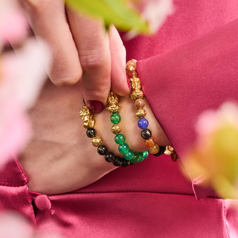 Mini Pixiu Feng Shui Armband | Element ERDE | Grüner Achat x 18 Karat Gold