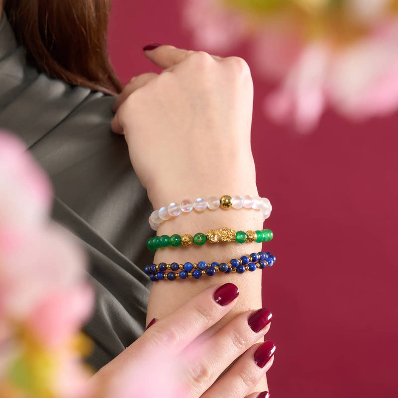 Mini Pixiu Feng Shui Armband | Element ERDE | Grüner Achat x 18 Karat Gold