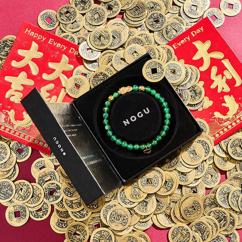 Mini Pixiu Feng Shui Armband | Element ERDE | Grüner Achat x 18 Karat Gold
