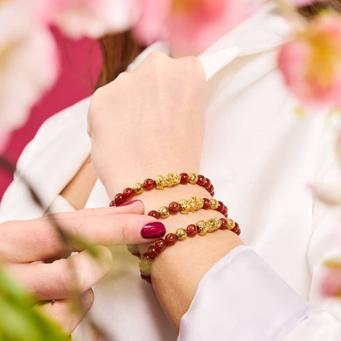 Mini Pixiu Feng Shui Armband | FEUER Element | Roter Achat x 18 Karat Gold