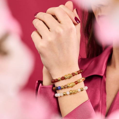 Mini Pixiu Feng Shui Armband | FEUER Element | Roter Achat x 18 Karat Gold