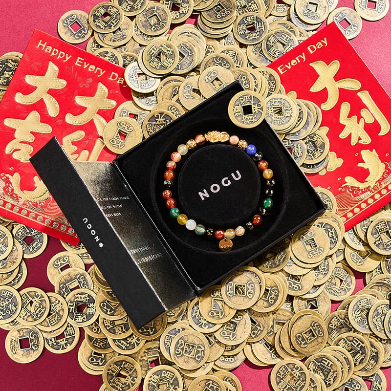 Mini Pixiu Feng Shui Armband | FÜNF Elemente | Chakra-Achat x 18 Karat Gold