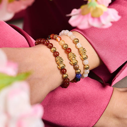 Mini Pixiu Feng Shui Armband | FÜNF Elemente | Chakra-Achat x 18 Karat Gold