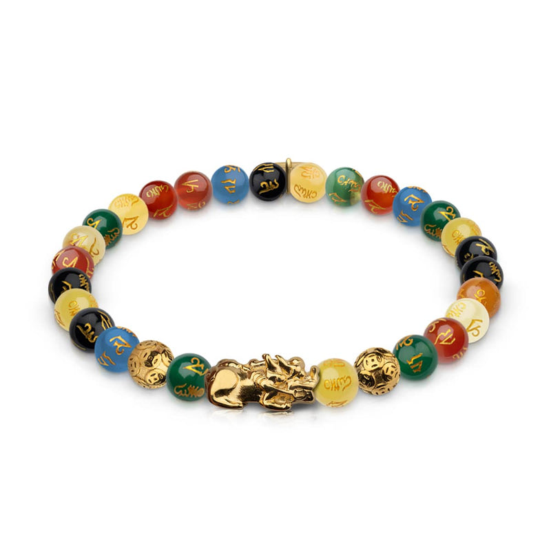 Mini Pixiu Feng Shui Armband | FÜNF Elemente | Chakra-Achat x 18 Karat Gold