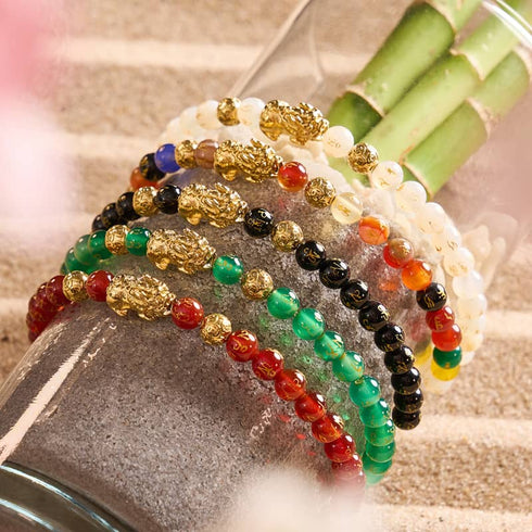 Mini Pixiu Feng Shui Armband | FÜNF Elemente | Chakra-Achat x 18 Karat Gold