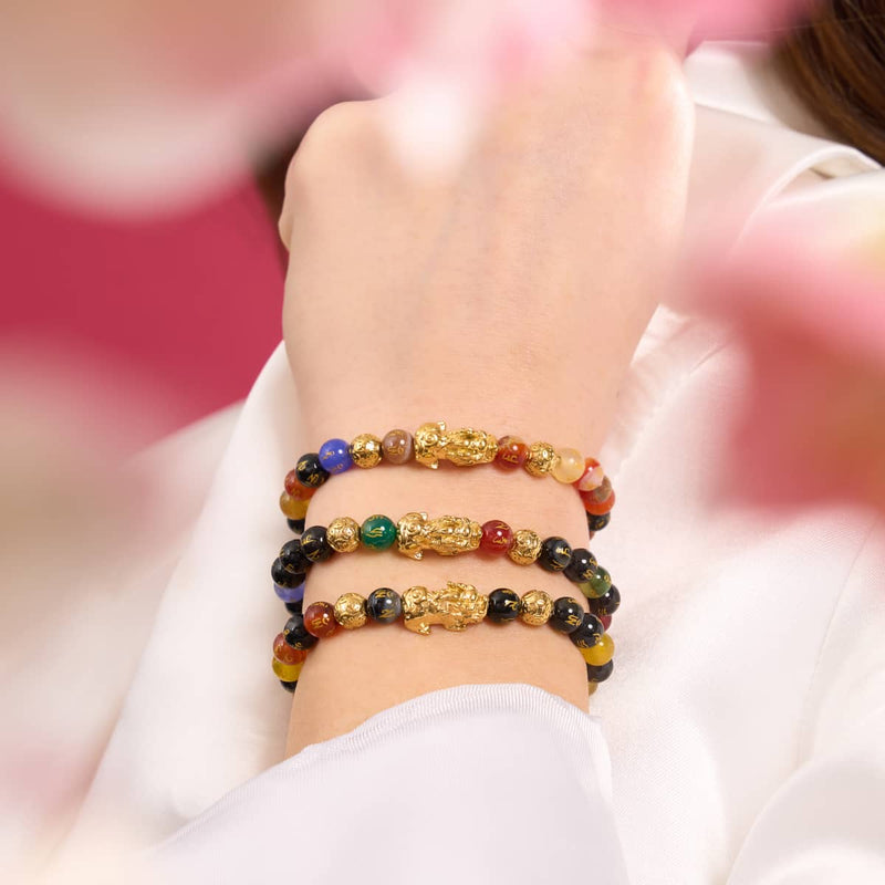 Mini Pixiu Feng Shui Armband | FÜNF Elemente | Chakra-Achat x 18 Karat Gold