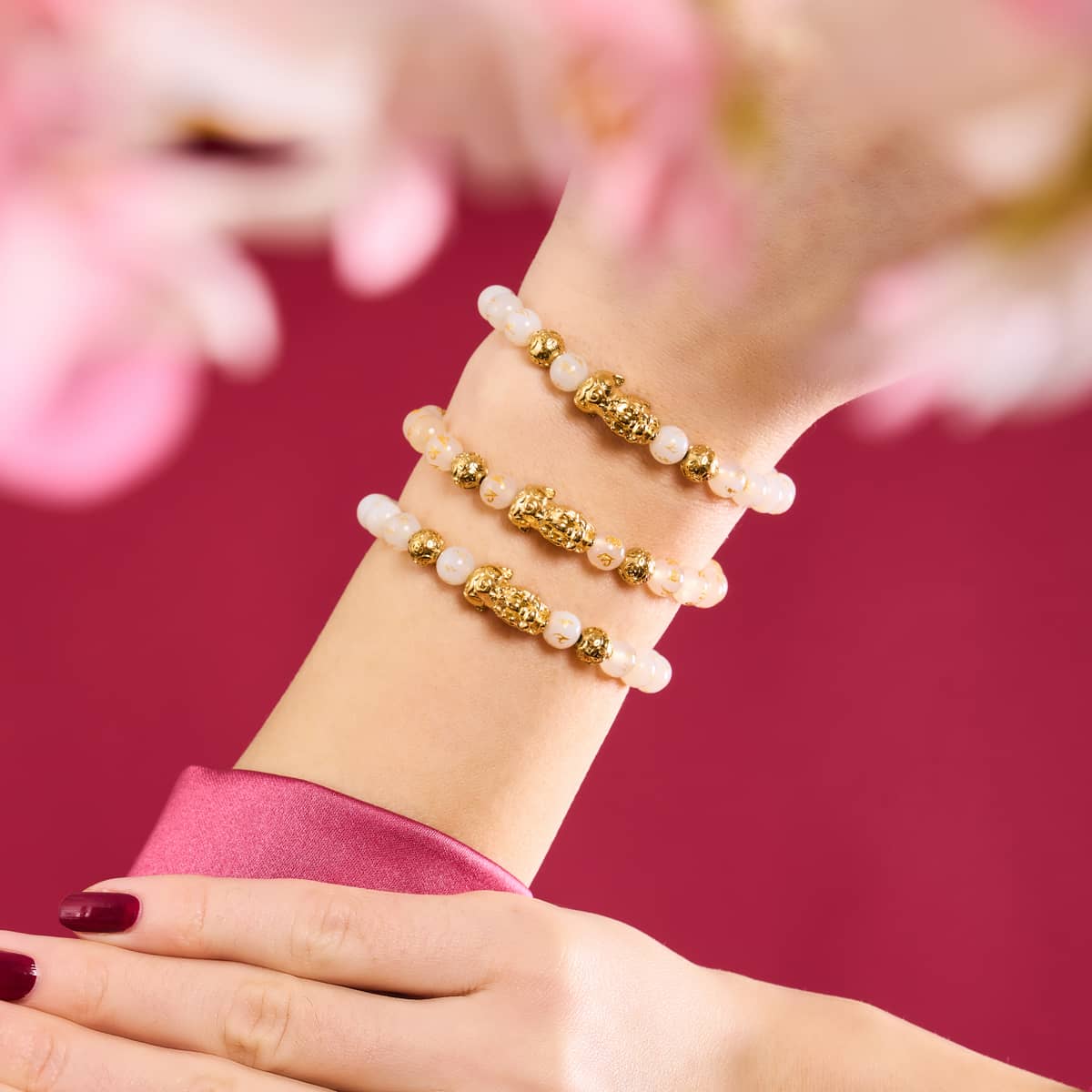 Mini Pixiu Feng Shui Armband | GOLD Element | Weißer Achat x 18 Karat Gold