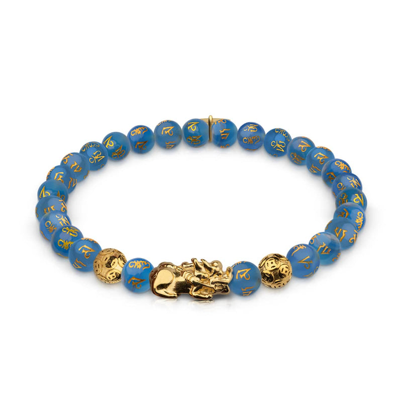 Mini Pixiu Feng Shui Armband | Wasserelement | Blauer Achat x 18 Karat Gold
