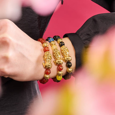 Pixiu Feng Shui Armband | Kohlenstoffelement | Schwarzer Achat x 18 Karat Gold