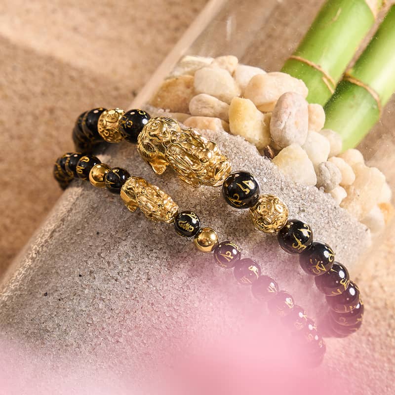 Pixiu Feng Shui Armband | Kohlenstoffelement | Schwarzer Achat x 18 Karat Gold