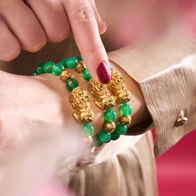 Pixiu Feng Shui Armband | Element ERDE | Grüner Achat x 18 Karat Gold
