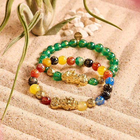 Pixiu Feng Shui Armband | Element ERDE | Grüner Achat x 18 Karat Gold