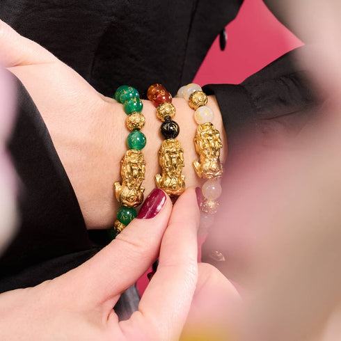 Pixiu Feng Shui Armband | Element ERDE | Grüner Achat x 18 Karat Gold