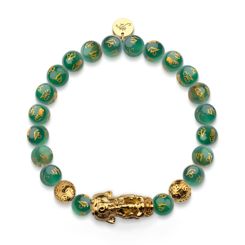 Pixiu Feng Shui Armband | Element ERDE | Grüner Achat x 18 Karat Gold