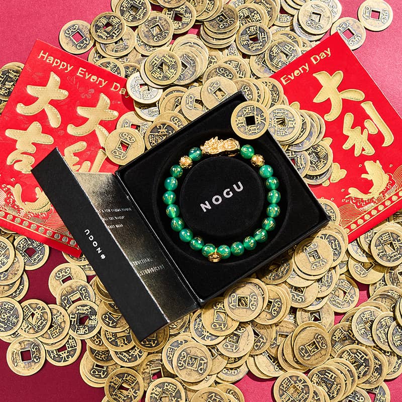Pixiu Feng Shui Armband | Element ERDE | Grüner Achat x 18 Karat Gold