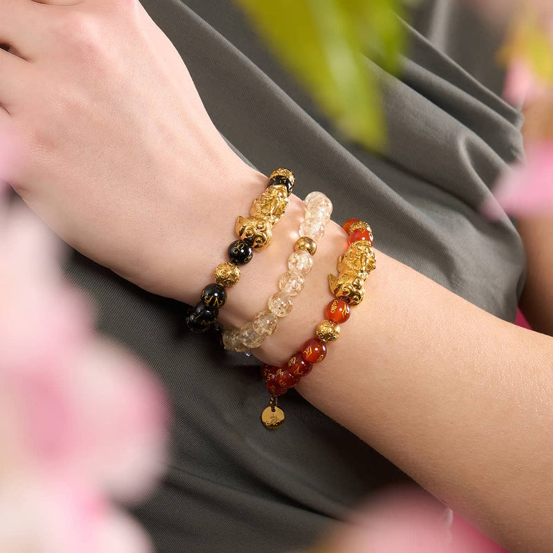 Pixiu Feng Shui Armband | FEUER Element | Roter Achat x 18 Karat Gold