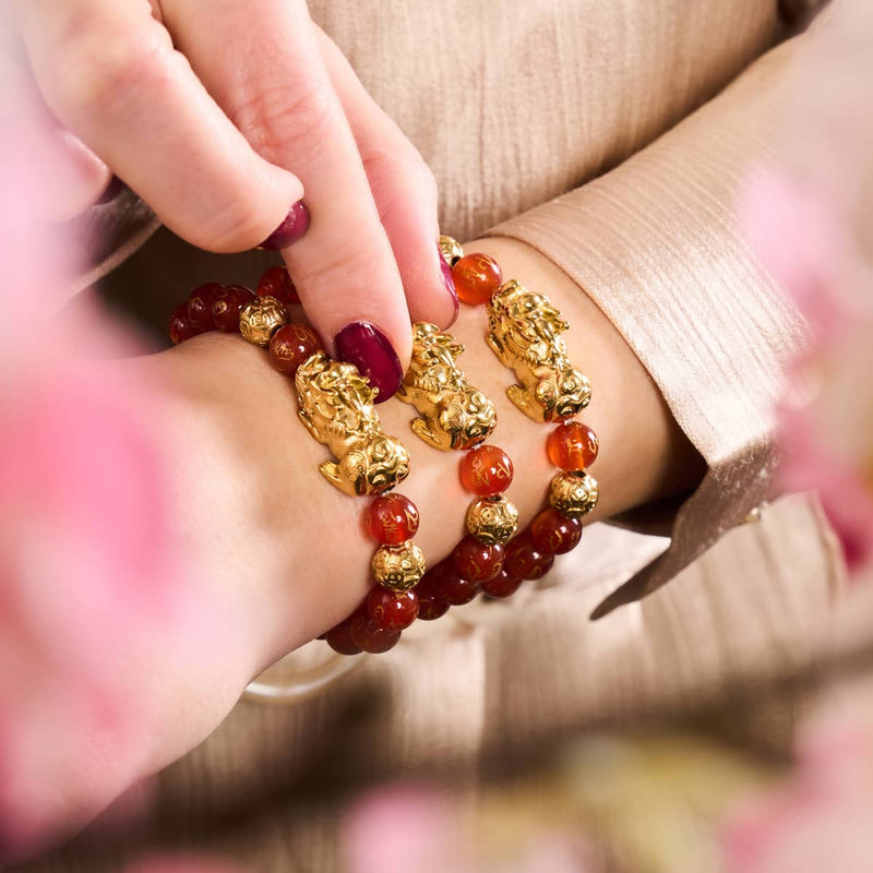 Pixiu Feng Shui Armband | FEUER Element | Roter Achat x 18 Karat Gold