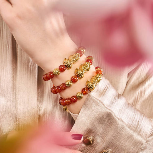 Pixiu Feng Shui Armband | FEUER Element | Roter Achat x 18 Karat Gold