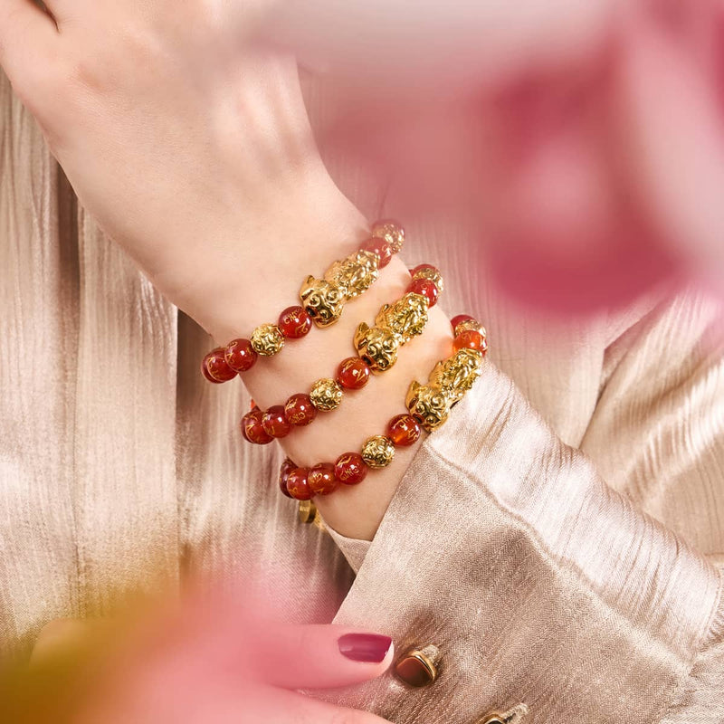 Pixiu Feng Shui Armband | FEUER Element | Roter Achat x 18 Karat Gold