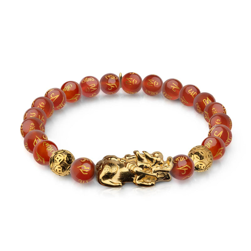 Pixiu Feng Shui Armband | FEUER Element | Roter Achat x 18 Karat Gold