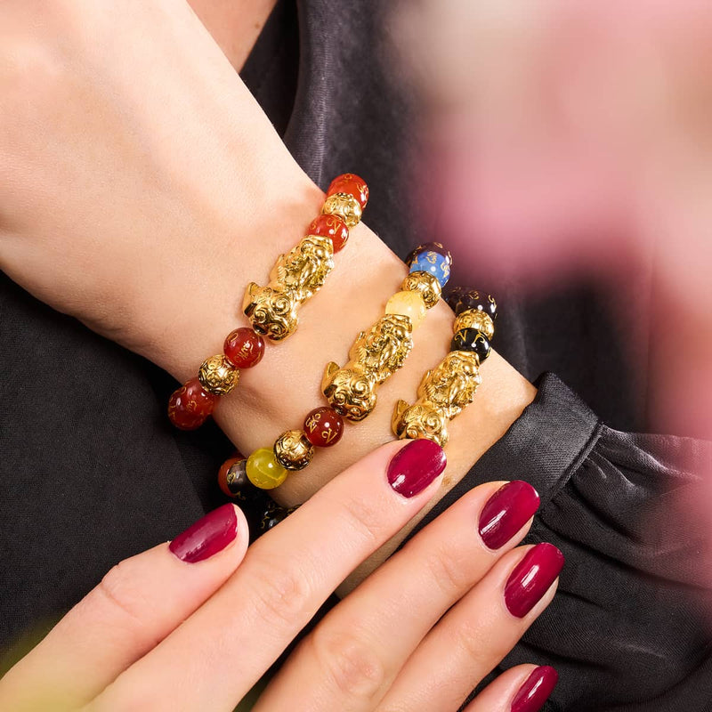 Pixiu Feng Shui Armband | FEUER Element | Roter Achat x 18 Karat Gold
