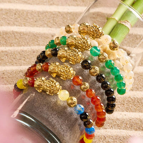 Pixiu Feng Shui Armband | FÜNF Elemente | Chakra-Achat x 18 Karat Gold