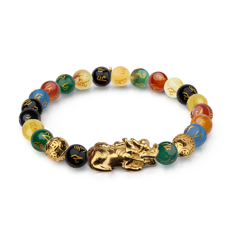 Pixiu Feng Shui Armband | FÜNF Elemente | Chakra-Achat x 18 Karat Gold